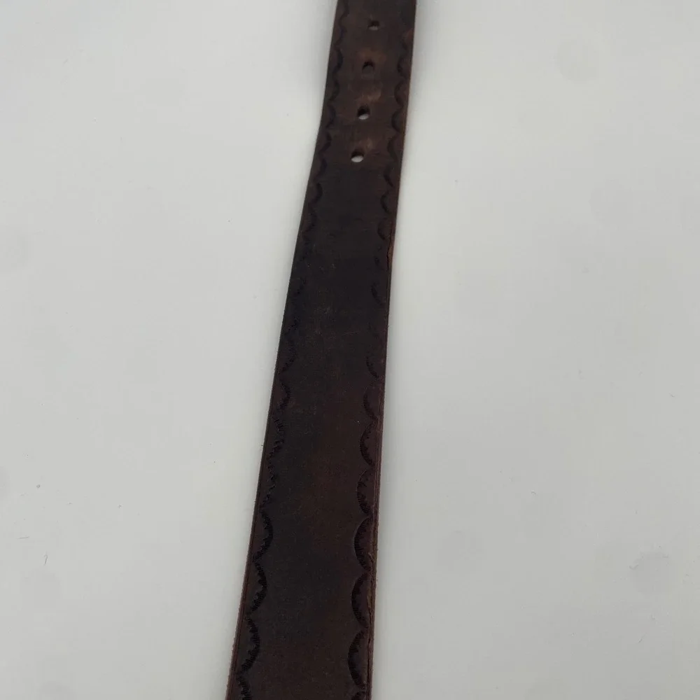 Jean Shop Leather Belt Mens L Brown Brass Buckle Distressed Scalloped Embossed
